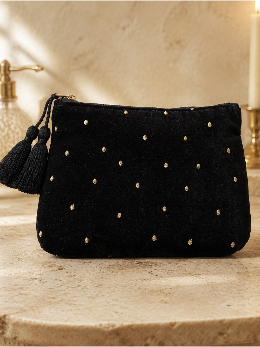 Sézane Black Velvet Gold Polka Dot Cosmetic Pouch Clutch French Romantic Chic